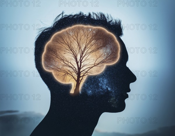 A creative representation of a human head silhouette incorporating an illuminated brain. The image blends nature and intellect themes through the inclusion of a forest background during sunset, AI generated