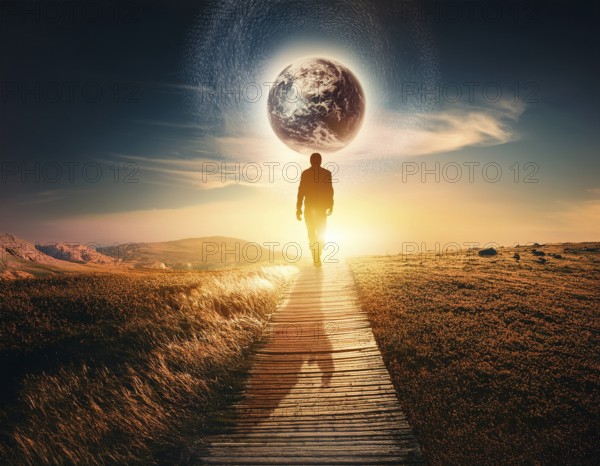 A surreal image of man walking on a boardwalk toward a large depiction of Earth surrounded by clouds, symbolizing aspiration, unity, and global connection, with a serene and dreamlike ambiance, AI generated