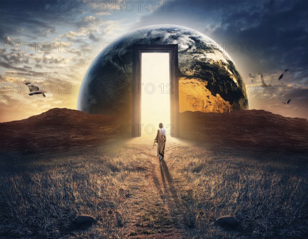 A surreal image of man walking on a boardwalk toward a large depiction of Earth surrounded by clouds, symbolizing aspiration, unity, and global connection, with a serene and dreamlike ambiance, AI generated