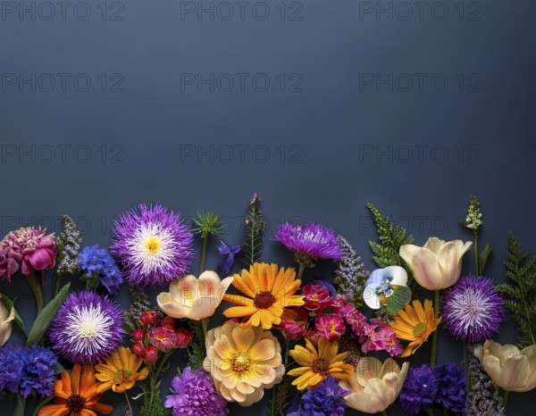 A variety of colorful wildflowers flourish on a hillside against a blurred mountainous backdrop. The flowers reflect vibrancy, serenity, and the beauty of nature in a peaceful outdoor environment, AI generated
