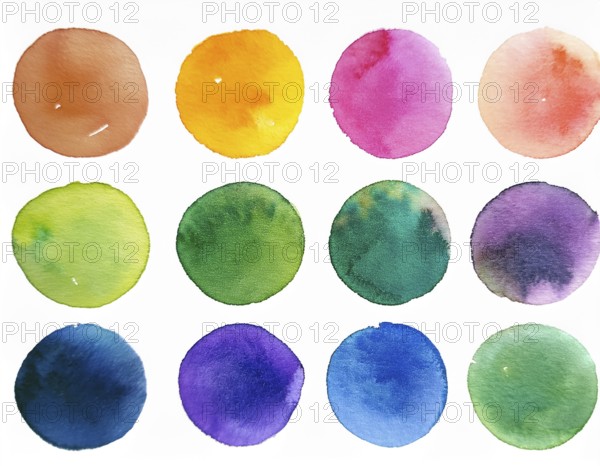 Colorful watercolor circles painted on a white background create a vibrant and artistic design. Bright colors including orange, blue, red, and green offer inspiration for artistic creation and design projects, AI generated