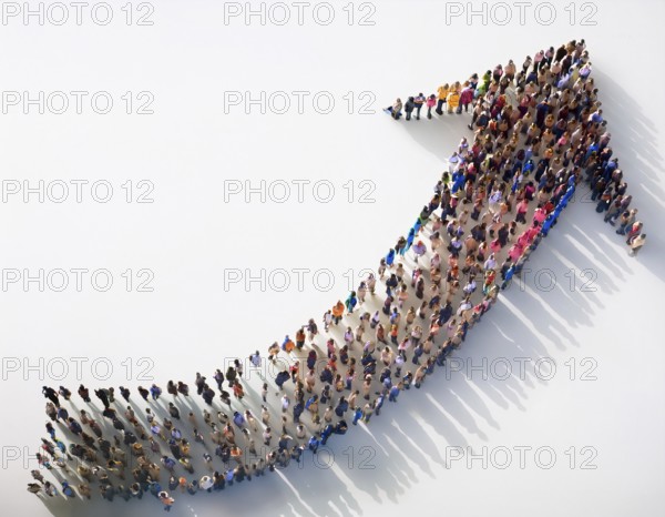 A diverse crowd of people gathered to form an upward-pointing arrow symbol, representing growth, teamwork, and unity. The scene highlights collaboration and progress, captured against a bright and minimalistic background, AI generated