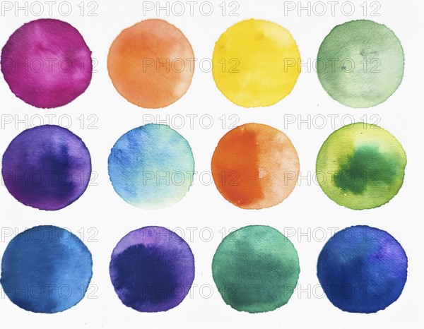 Colorful watercolor circles painted on a white background create a vibrant and artistic design. Bright colors including orange, blue, red, and green offer inspiration for artistic creation and design projects, AI generated