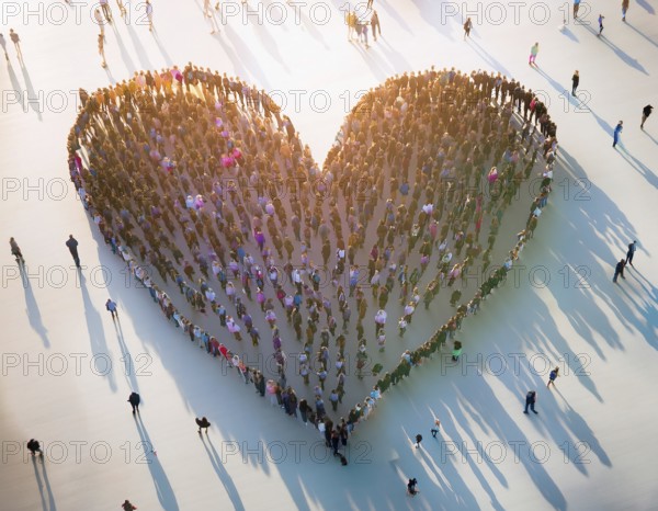 A diverse crowd of people standing together to form a heart shape, symbolizing community, connection, and love on a white background with long shadows cast. A unique representation of unity and compassion, AI generated