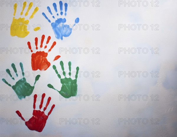 Brightly colored handprints in various hues arranged artistically on a textured white surface, evoking creativity, fun, and the spirit of collaboration or children's artistry, AI generated