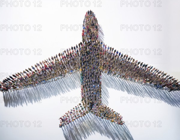 A creative illustration emphasizing teamwork and unity, depicting people arranged to shape an airplane on a white background, symbolizing travel, collaboration, and collective effort in achieving aspirations, AI generated