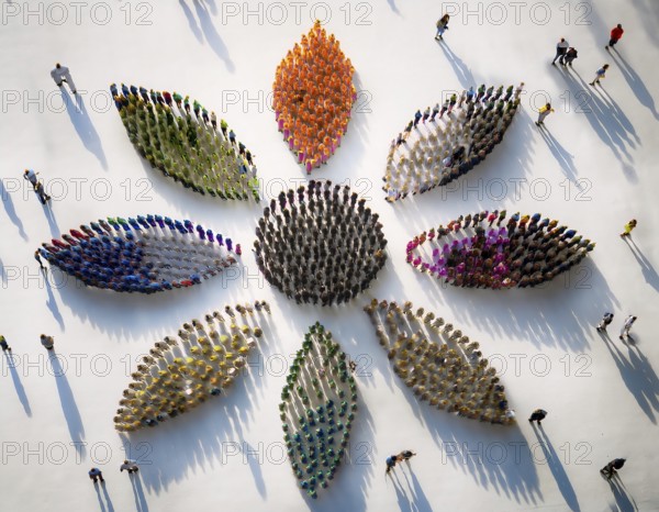 A vibrant aerial perspective of people assembling into petal-like shapes in various colors, symbolizing unity and diversity, casting distinct, graceful shadows on a white background, AI generated