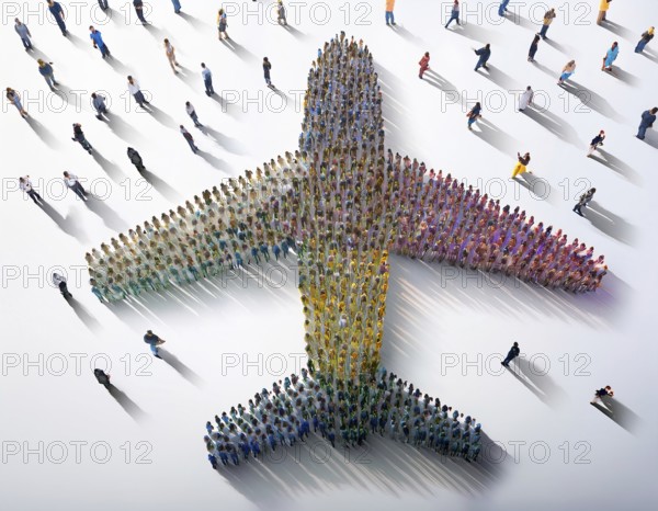 A creative illustration emphasizing teamwork and unity, depicting people arranged to shape an airplane on a white background, symbolizing travel, collaboration, and collective effort in achieving aspirations, AI generated