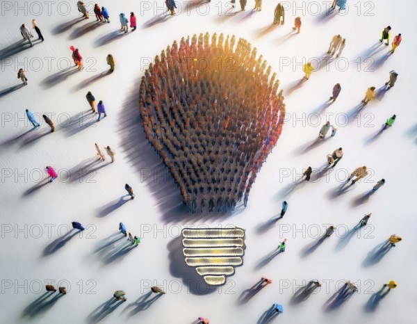 Large group of individuals assembled to form the shape of a lightbulb, symbolizing ideas, creativity, and collaboration, captured from an aerial perspective with noticeable shadows and minimalist background, AI generated