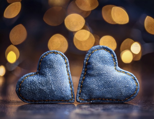 A beautiful heart-shaped denim pillow, symbolizing love and creativity, designed from repurposed blue denim. Showcasing intricate stitching and a distinctive design. Perfect for concepts of love, fashion, or upcycling handmade projects, AI generated