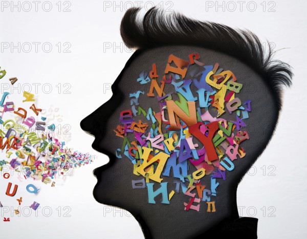 A striking depiction of creativity and communication, showing colorful letters flowing from the brain to speech, AI generated