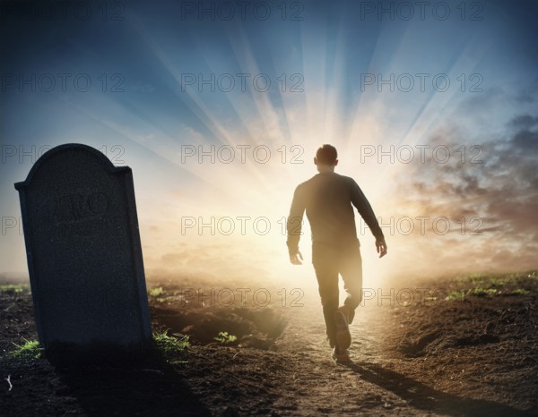 A silhouette of a lone figure walking off a gravestone, The scene evokes Resurrection thoughts emotional depth, AI generated