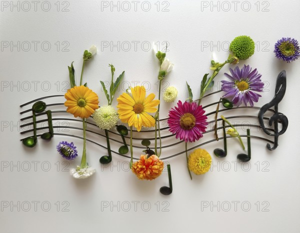 Floral arrangement creatively mimicking sheet music, blending vibrant flowers and artistic design in harmony, AI generated