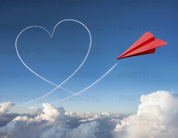 A red paper airplane depicted in flight with an artistic heart-shaped trail. The blue sky background provides a striking contrast, emphasizing creativity and imagination, AI generated