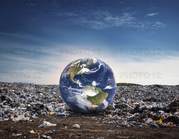 Visually striking scene depicting Earth placed amidst a landfill, illustrating environmental degradation caused by pollution and waste accumulation, highlighting the urgent need for sustainability and ecological conservation, AI generated