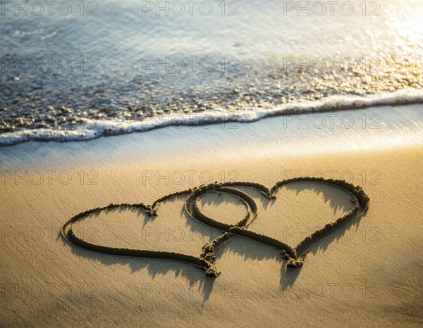 Warm tropical beach with two hearts drawn on the sand, blue waters, and clear skies, invoking feelings of love, romance, serenity, and vacations, perfect for expressing heartfelt and relaxing concepts, AI generated