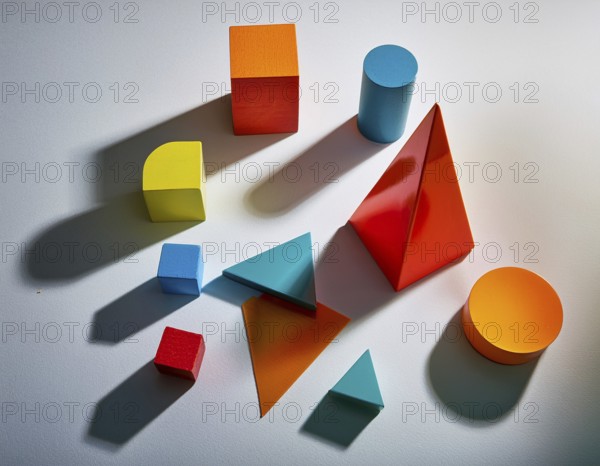 Vividly colored geometric shapes, including spheres and pyramids, artfully arranged on a surface. Captured with vibrant lighting and pronounced shadows, this image showcases diversity in form and artistic composition, AI generated