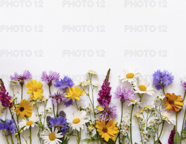 Beautiful arrangement of multiple vibrant wildflowers laid on a clean white surface, perfect for seasonal or botanical themes, reflecting natural beauty and floral diversity, AI generated