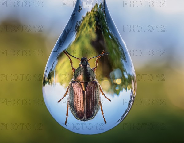 A close-up artistic depiction of a insect inside a water droplet, floating on ripples. Evoking notions of nature's beauty, tranquility, and delicate life forms, AI generated