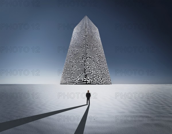 A lone individual stands at the edge of a large circular maze, contemplating choices and challenges ahead. The scene symbolizes complexity, decision-making, and introspection in a metaphorical depiction, AI generated