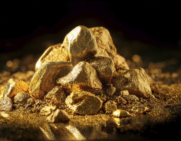 Close-up view of a pile of golden nuggets with a reflective surface, showcasing their natural brilliance and evoking themes of richness, value, and purity in a striking and elegant composition, AI generated