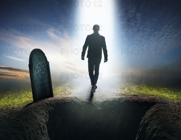 A silhouette of a lone figure walking off a gravestone, The scene evokes Resurrection thoughts emotional depth, AI generated