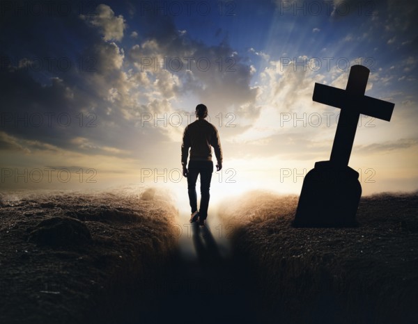 A silhouette of a lone figure walking off a gravestone, The scene evokes Resurrection thoughts emotional depth, AI generated