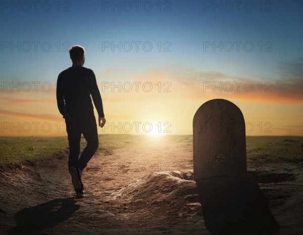A silhouette of a lone figure walking off a gravestone, The scene evokes Resurrection thoughts emotional depth, AI generated