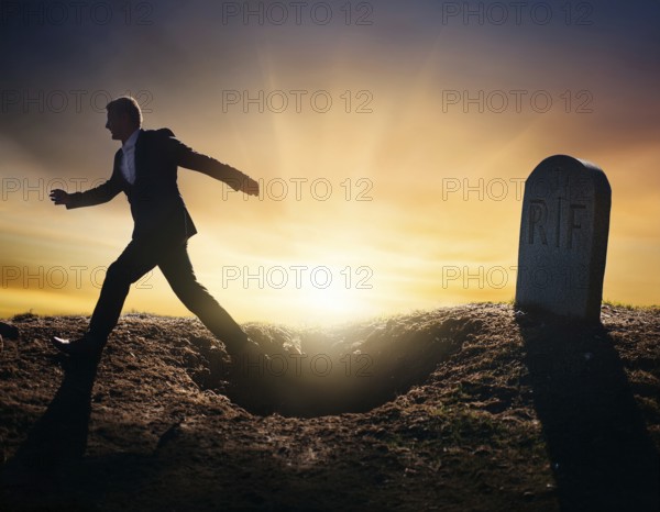 A silhouette of a lone figure walking off a gravestone, The scene evokes Resurrection thoughts emotional depth, AI generated