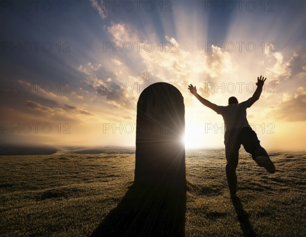 A silhouette of a lone figure walking off a gravestone, The scene evokes Resurrection thoughts emotional depth, AI generated