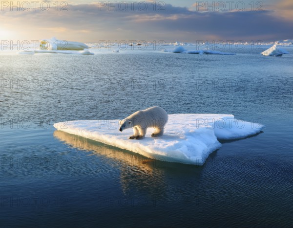 Polar bear is perched on a floating piece of iceberg, surrounded by vast blue waters and under a clear sky, representing Arctic wildlife, melting ice habitats, and environmental concerns, AI generated