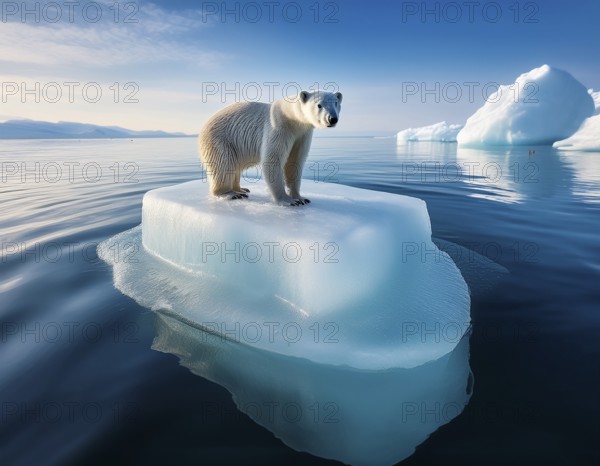 Polar bear is perched on a floating piece of iceberg, surrounded by vast blue waters and under a clear sky, representing Arctic wildlife, melting ice habitats, and environmental concerns, AI generated