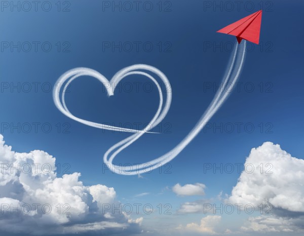 A red paper airplane depicted in flight with an artistic heart-shaped trail. The blue sky background provides a striking contrast, emphasizing creativity and imagination, AI generated