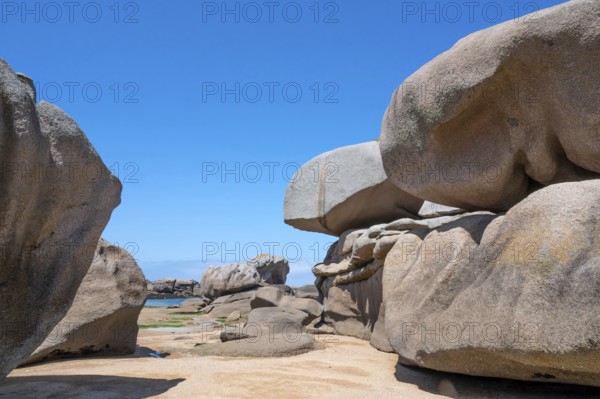 Spectacular pink granite rocks, sculpted by wind and sea, pile up on the beach of the Cote de Granit Rose, while the clear, turquoise-blue water reveals seaweed and light-coloured sand on the seabed at low tide, Tregastel, Cotes-d'Armor department, Brittany region, France