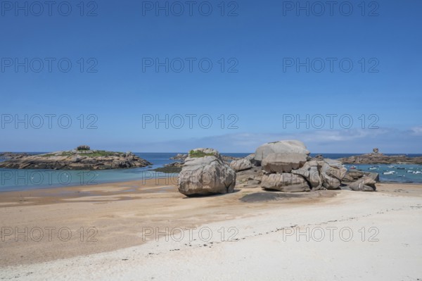 Spectacular pink granite rocks, sculpted by wind and sea, pile up on the beach of the Cote de Granit Rose, while the clear, turquoise-blue water reveals seaweed and light-coloured sand on the seabed at low tide, Tregastel, Cotes-d'Armor department, Brittany region, France