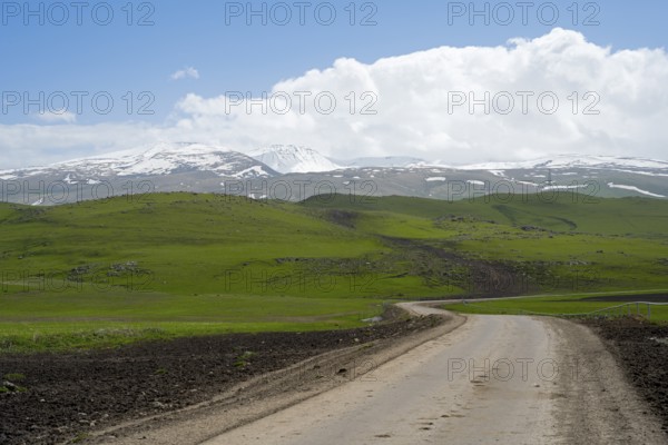 A dirt road winds through green hills in front of a snow-covered mountain range under a cloudy sky, landscape near Shenkani, Aragaz in the background, Aragazotn Province, Armenia