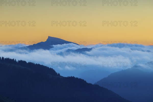 View from the Furkajoch to the Hoher Ifen, mountain peak above the sea of fog, dawn, dawn, autumn, Vorarlberg, Austria