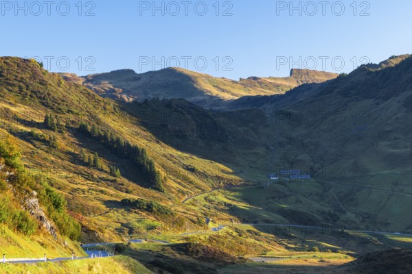 View from Furkajoch to the pass road, spruce trees (Picea) on the mountainside, pine trees (Pinaceae), alpine pasture, autumn, Vorarlberg, Austria