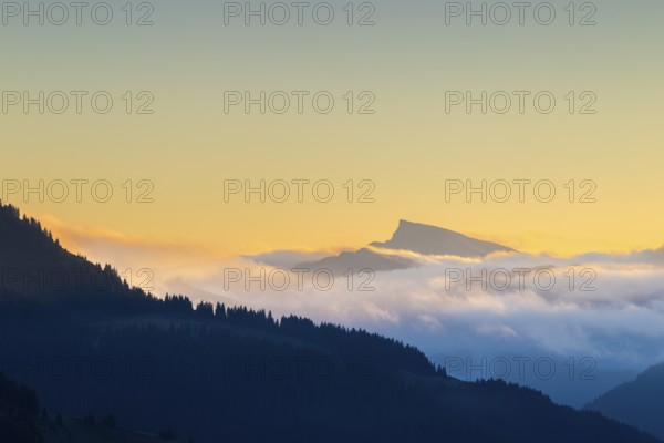 View from the Furkajoch to the Hoher Ifen, mountain peak above the sea of fog, dawn, dawn, autumn, Vorarlberg, Austria