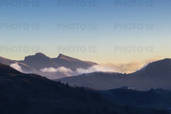 View from the Furkajoch to the Hoher Ifen, mountain peak above the sea of fog, dawn, dawn, autumn, Vorarlberg, Austria