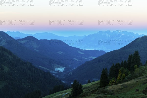 View from the Furkajoch to the Säntis, mountain range, dawn, autumn, Vorarlberg, Austria