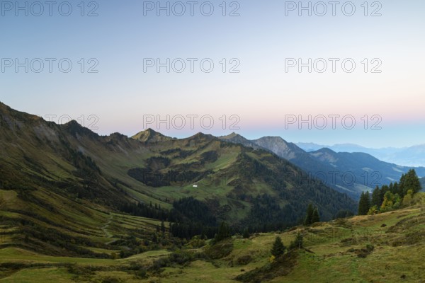 View from the Furkajoch into the Laternser valley, mountain range, dawn, autumn, Vorarlberg, Austria