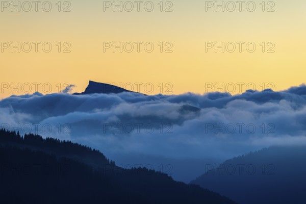 View from the Furkajoch to the Hoher Ifen, mountain peak above the sea of fog, dawn, dawn, autumn, Vorarlberg, Austria