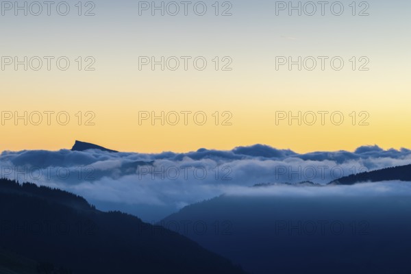 View from Furkajoch to Hoher Ifen, mountain range above sea of fog, dawn, dawn, autumn, Vorarlberg, Austria