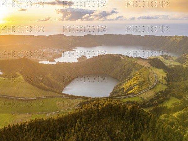 Sete Cidades Caldera at Sunset. Blue Lake and Santiago Lake. Forest and Hills. Azores, Sao Miguel Island. Portugal. Aerial View