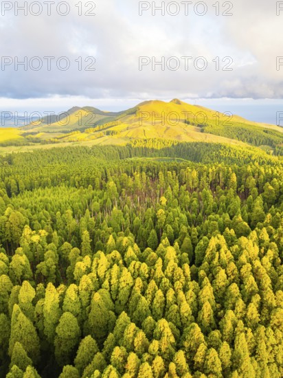 Hills, Forest and Mountains at Sunset. Azores, Sao Miguel Island, Portugal. Aerial View