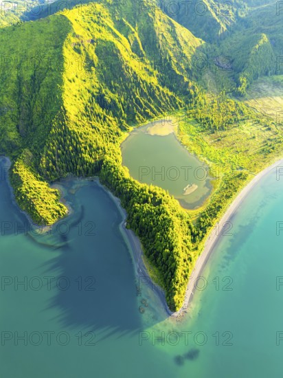 Lagoa do Fogo Lake on Sunny Morning. Green Lush Hills with Trees. Azores, Sao Miguel Island. Portugal. Aerial Overhead High Angle Shot