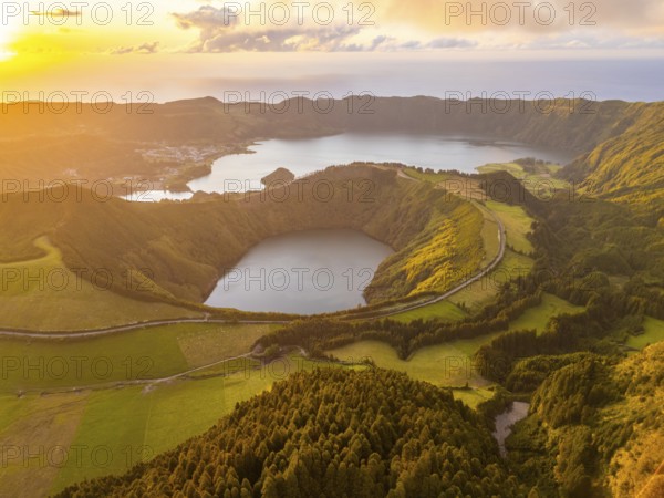 Sete Cidades Massif at Sunset. Blue Lake and Santiago Lake. Forest and Hills. Azores, Sao Miguel Island. Portugal. Aerial View