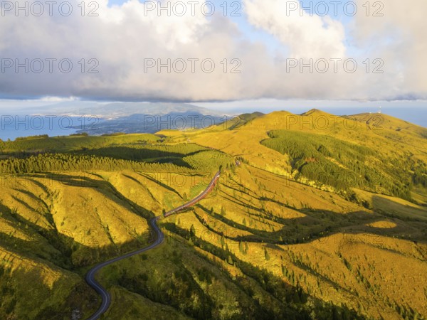 Green Forest Hills at Sunset with Pastureland. Atlantic Ocean. Azores, Sao Miguel Island, Portugal. Aerial View. Golden Hour
