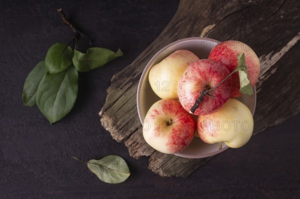 Apples lie in a round white plate on a wooden background